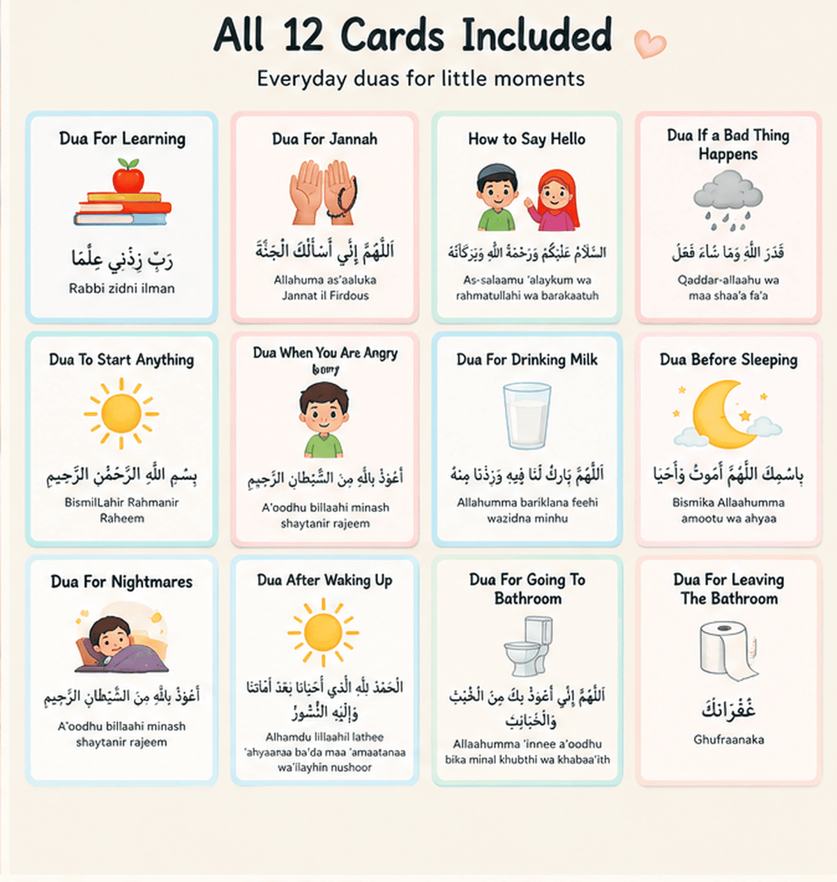 Daily Dua Flashcards for Muslim Kids — Set of 12
